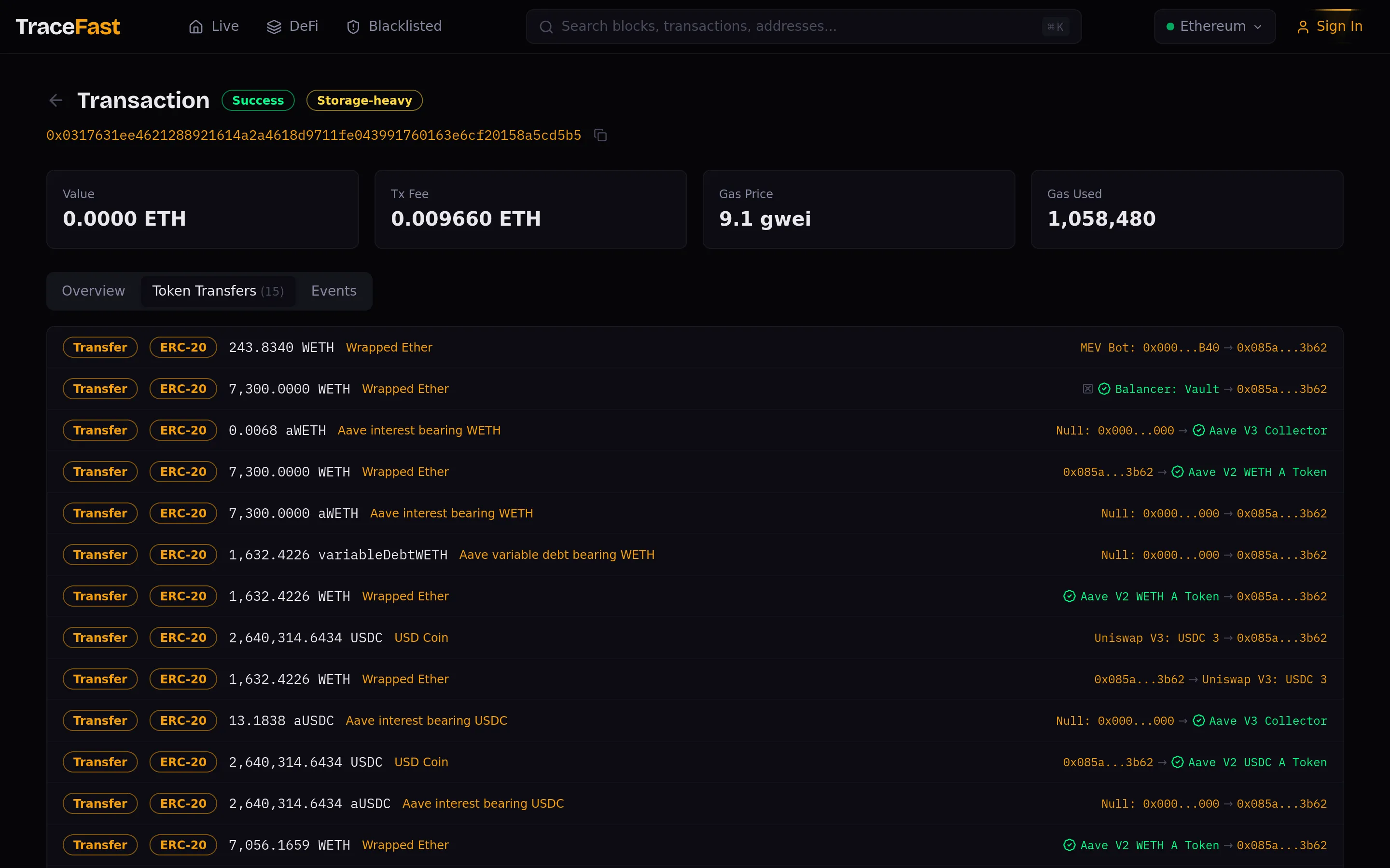 Front-run transaction, Token Transfers tab: the 7,300 WETH Balancer flash loan and the Aave/Uniswap legs — 15 transfers, zero ETH value
