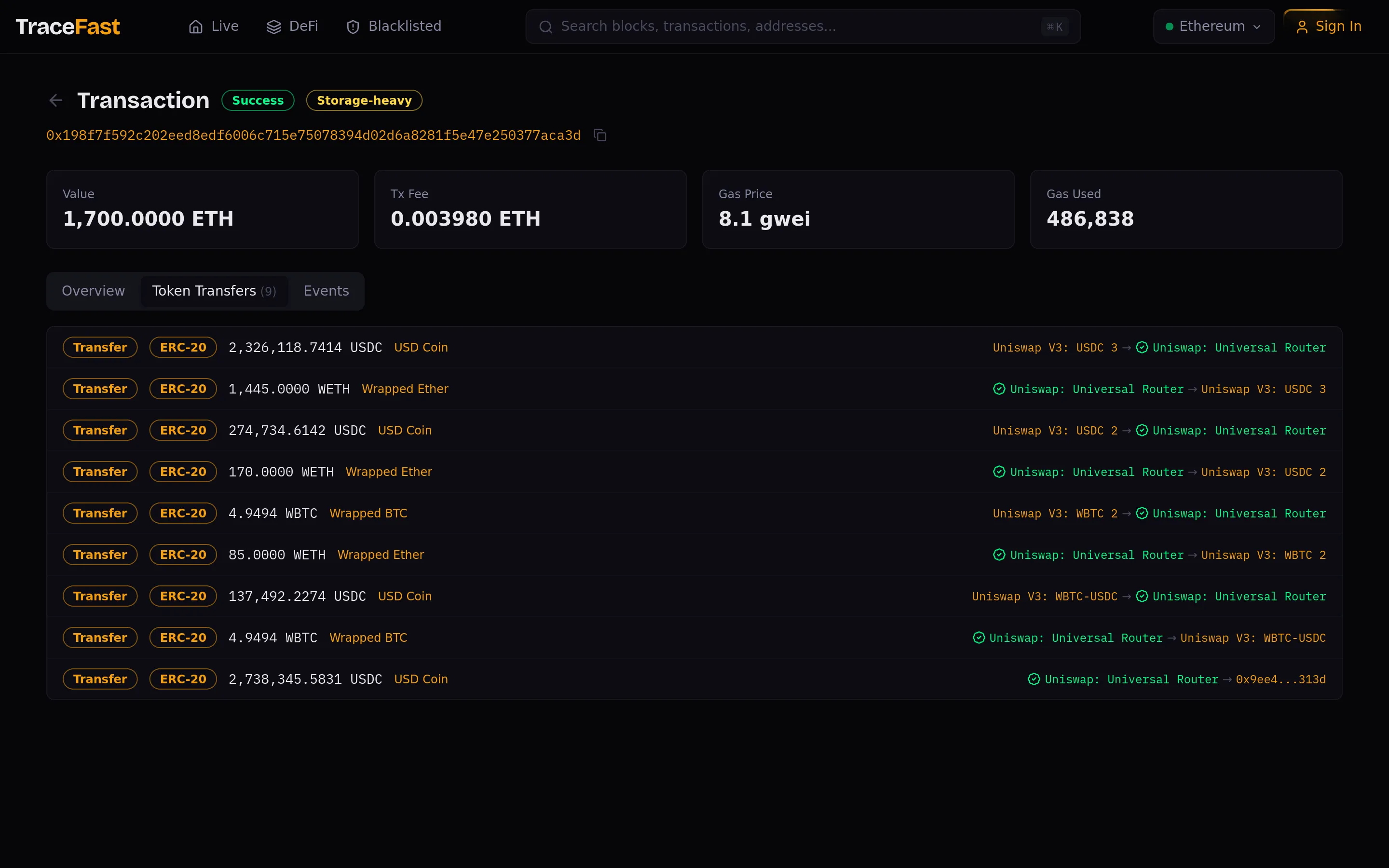 Victim transaction, Token Transfers tab: all nine legs of the split route and the final 2,738,345.58 USDC transfer from the Universal Router to the Foundation